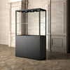 Vitrine d'exposition professionnelle 120 cm pour musée ou galerie, métal tubulaire noir mat et verre trempé 8 spots LED