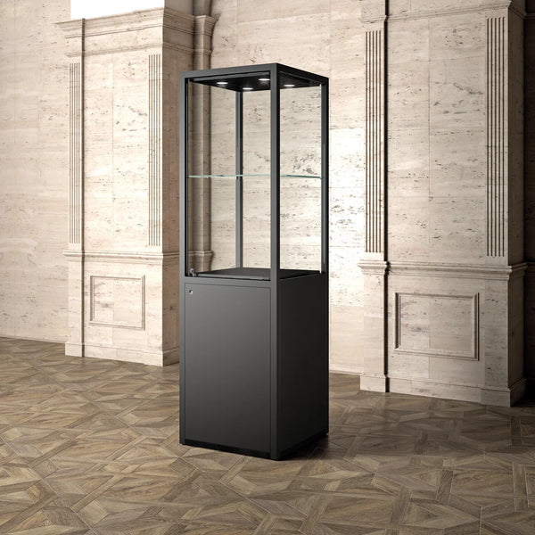 Vitrine d'exposition pour musée 60 cm, structure métal noir mat, verre trempé 8 mm et éclairage LED 4000 K