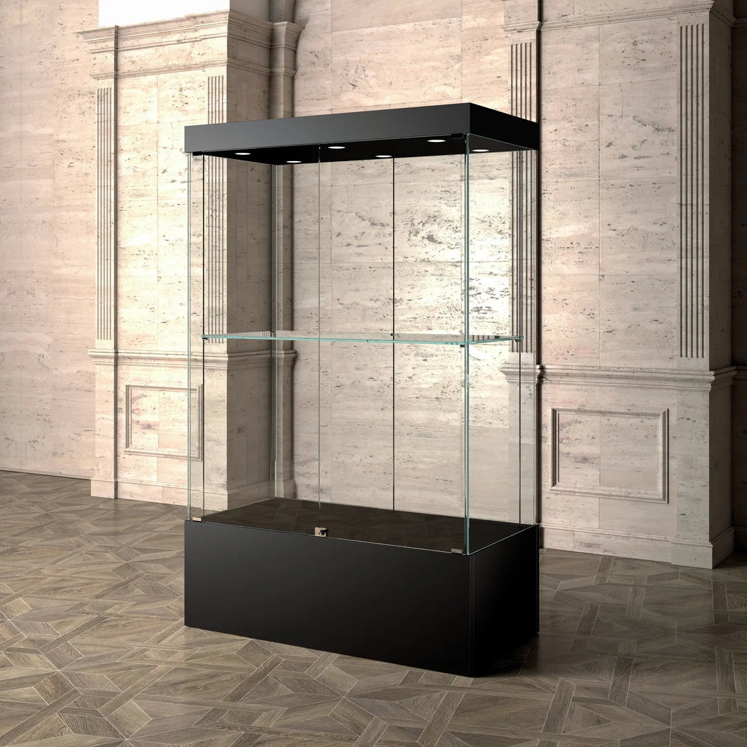 Vitrine d'exposition musée 120x60x200 cm, étagères réglables, éclairage LED, coloris noir
