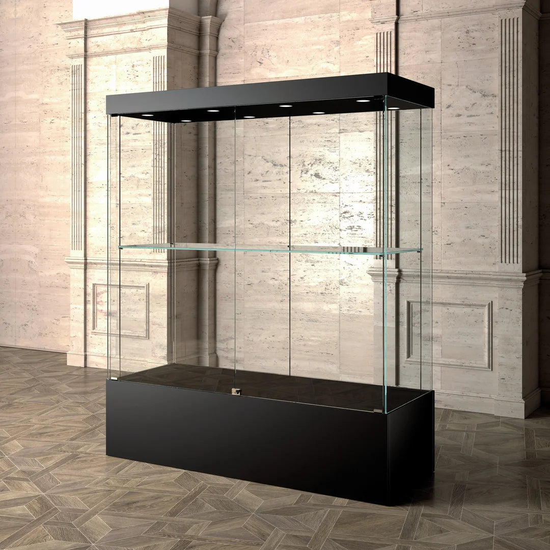 Grande vitrine d'exposition musée 160x60x200 cm, 8 spots LED 4000 K, verre trempé, coloris noir