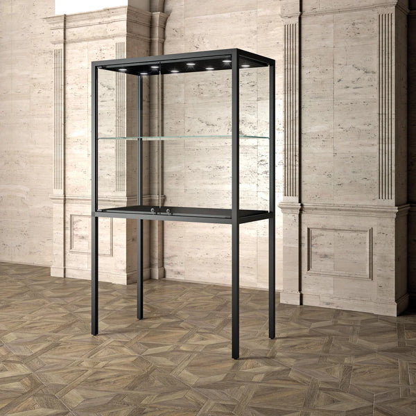 Vitrine d'exposition sur pieds LED largeur 120 cm, structure métal et verre trempé 8 mm, Collection Musée