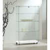 Vitrine d'exposition en verre trempé basse sur roulettes, finition blanche, usage magasin professionnel