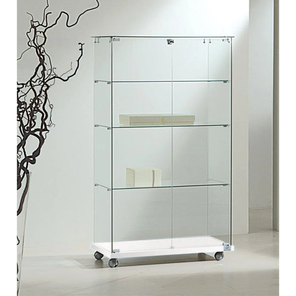 Vitrine d'exposition en verre trempé basse sur roulettes, finition blanche, usage magasin professionnel