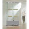 Abschliessbare Glasvitrine mit LED-Beleuchtung und Schlüsselbox auf Rollen für Produktpräsentation und Lagerung im Ladengeschäft.
