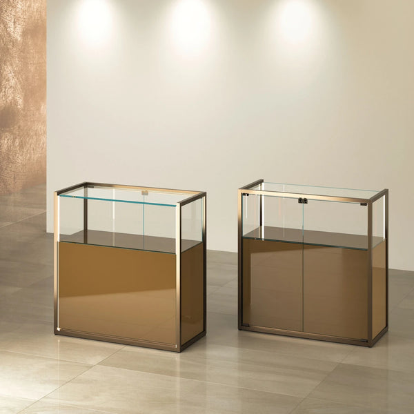 Grande vitrine d’exposition TM-95B finition bronze anodisé pour produits haut de gamme.