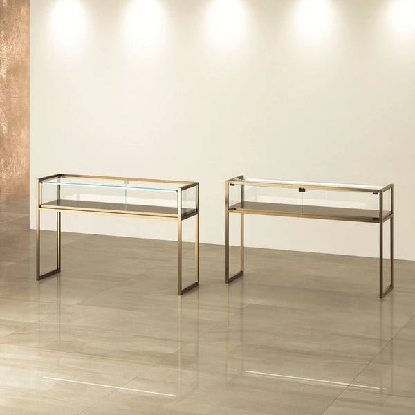 Grande vitrine d'exposition TM-150T bronze en verre pour boutiques de luxe, bijouteries et musées.