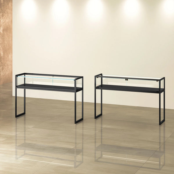 Grande vitrine d'exposition TM-150T noire en verre pour bijoux, montres, objets précieux et espaces commerciaux.