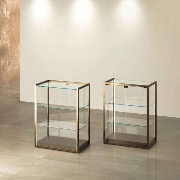 Vitrine murale en verre TM-75B finition bronze anodisé pour exposition de produits.