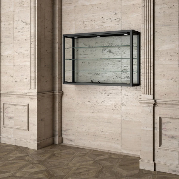 Vitrine murale pour musée avec 3 spots LED 4000K, verre trempé 8 mm, structure fer tubulaire noir mat, 95 × 25 × 80 cm