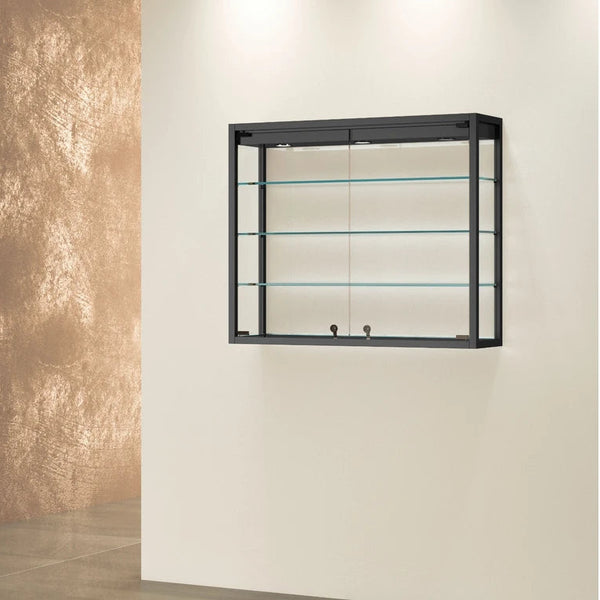 Vitrine murale TM-95P noire en verre avec éclairage LED et étagères en verre pour bijouterie, musée et boutique de luxe.