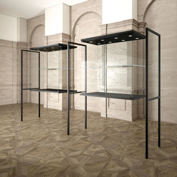 Vitrines d'exposition Collection Musée assemblées en ligne modulaire pour galerie ou commerce spécialisé