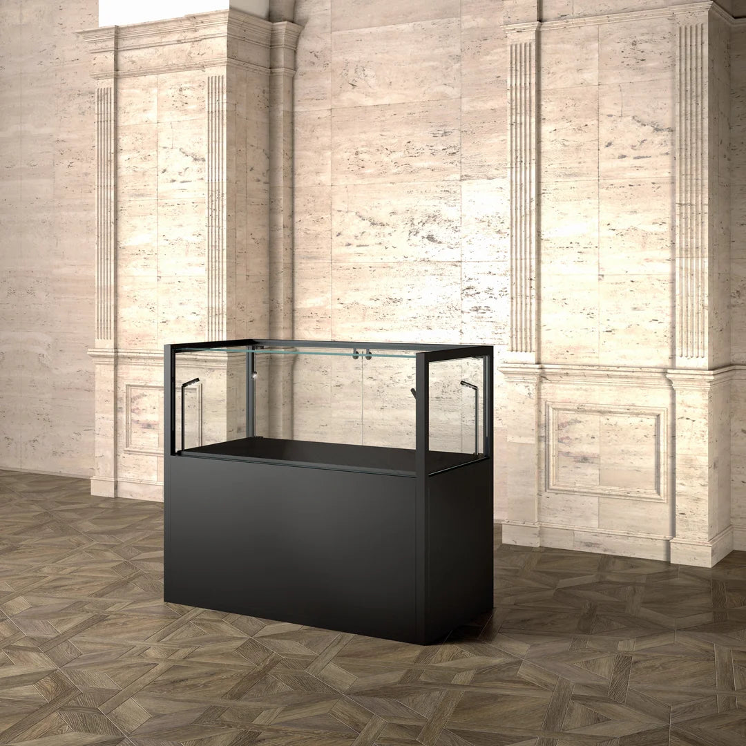 Vitrine table musée 120x60 cm, éclairage LED 4000K, meuble bas 2 portes verrouillables, finition noir mat