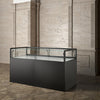 Vitrine table musée 180x80 cm avec spots LED intégrés, structure métal noir mat et verre trempé 8 mm