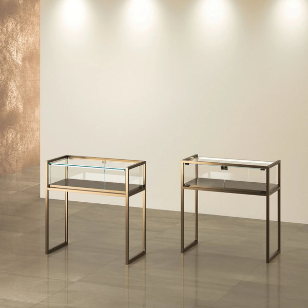 Vitrine d'exposition TM-95T bronze en verre avec structure métallique pour boutique haut de gamme, bijouterie et musée.