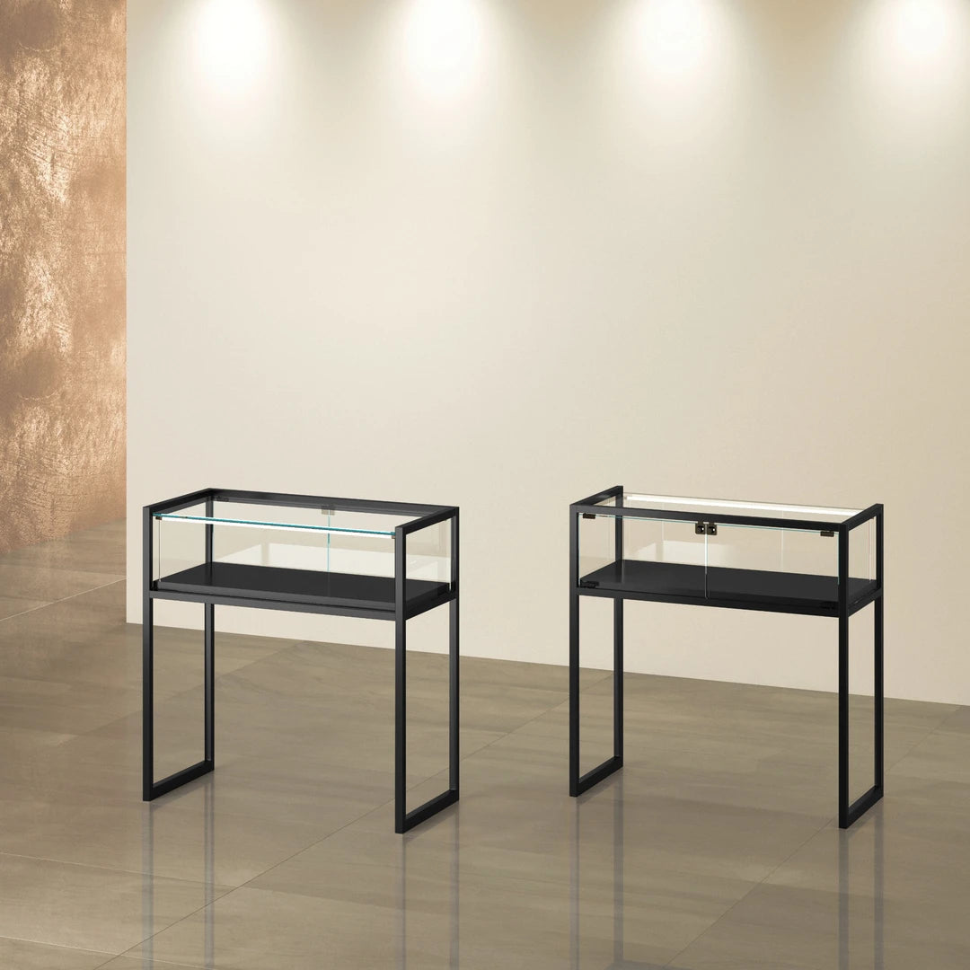 Vitrine d'exposition TM-95T noire en verre avec structure métallique pour bijouterie, musée et magasin de luxe.
