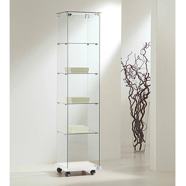 Vitrine d'exposition en verre avec porte verrouillable et socle blanc sur roulette pour boutique