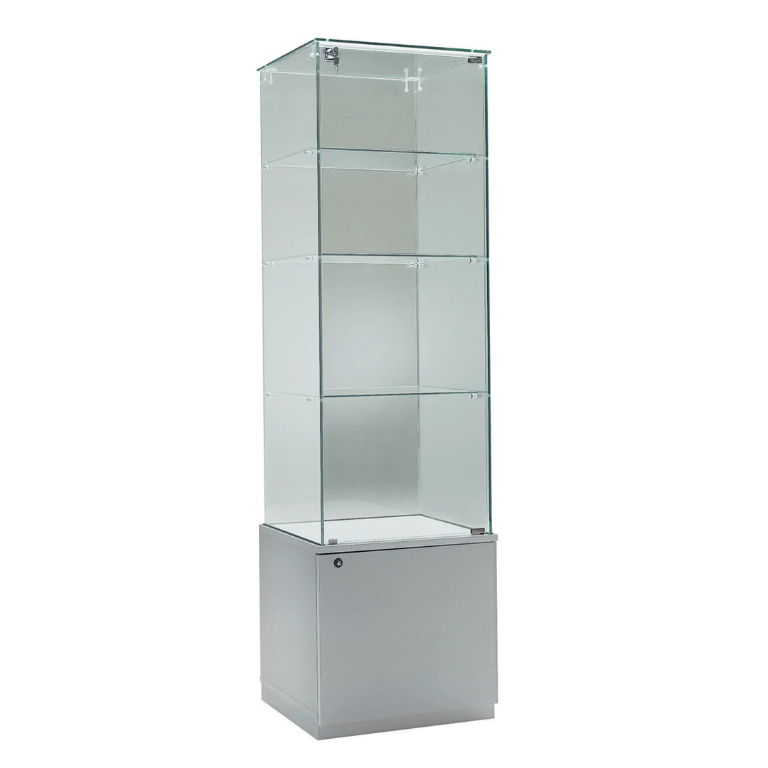 Vitrine colonne en verre avec box de rangement pour exposition et stockage de produits, bijoux ou objets de collection.