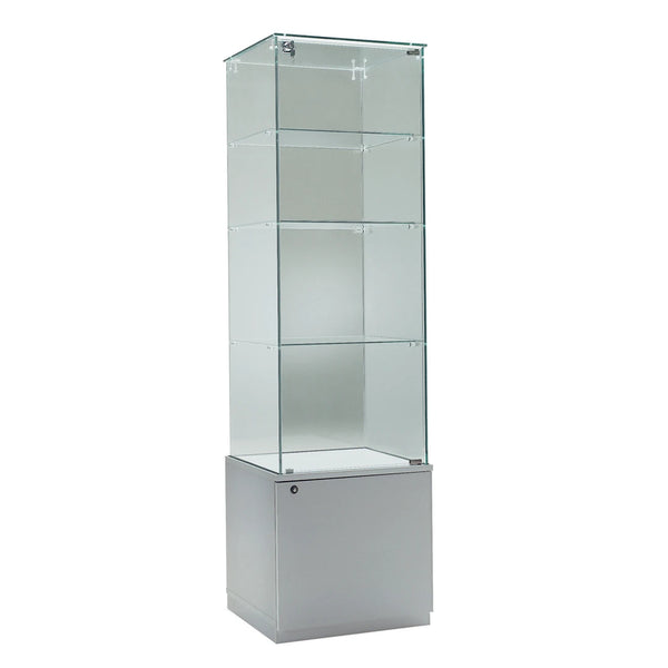Vitrine colonne en verre avec box de rangement pour exposition et stockage de produits, bijoux ou objets de collection.