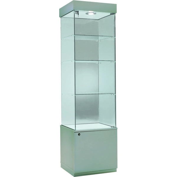 Vitrine colonne en verre avec box de rangement et éclairage LED pour présentation haut de gamme en magasin.