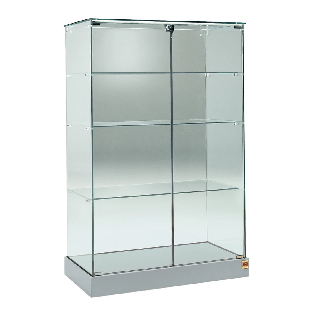 Vitrine petite armoire en verre avec 3 étagères et une double porte verrouillable pour présentation d'objets.