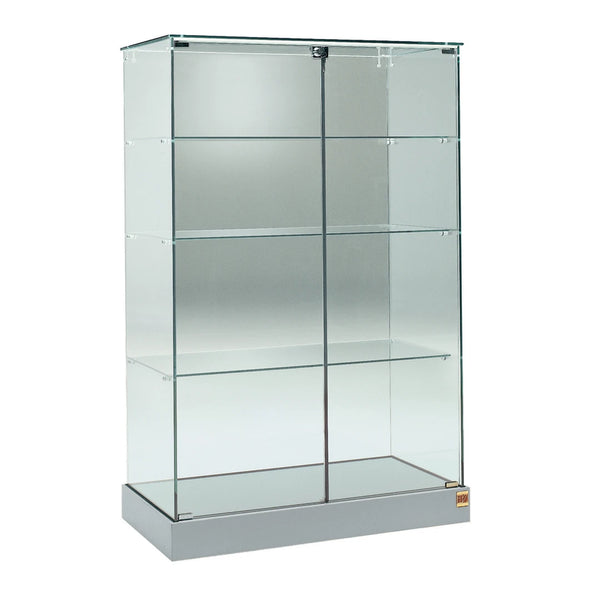 Vitrine petite armoire en verre avec 3 étagères et une double porte verrouillable pour présentation d'objets.