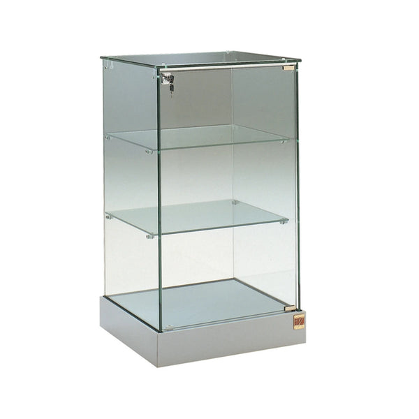Vitrine comptoir en verre avec étagères intérieures pour exposition de bijoux, accessoires et objets de valeur.