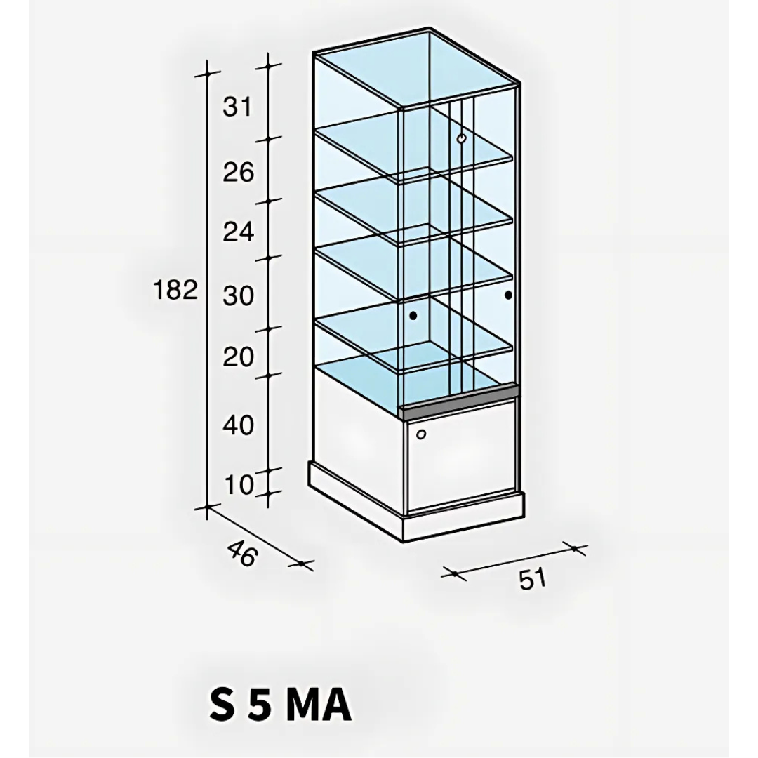 Vitrine haute en verre avec 4 étagères et rangement bas pour exposition magasin