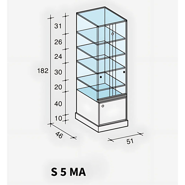 Vitrine haute en verre avec 4 étagères et rangement bas pour exposition magasin
