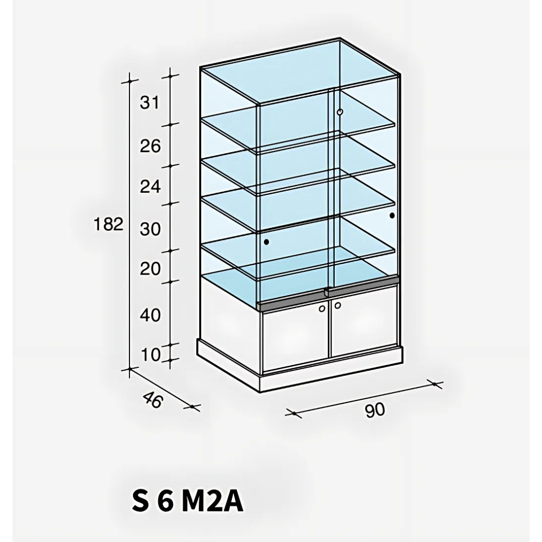 Vitrine haute en verre avec 4 étagères et rangement bas pour exposition magasin