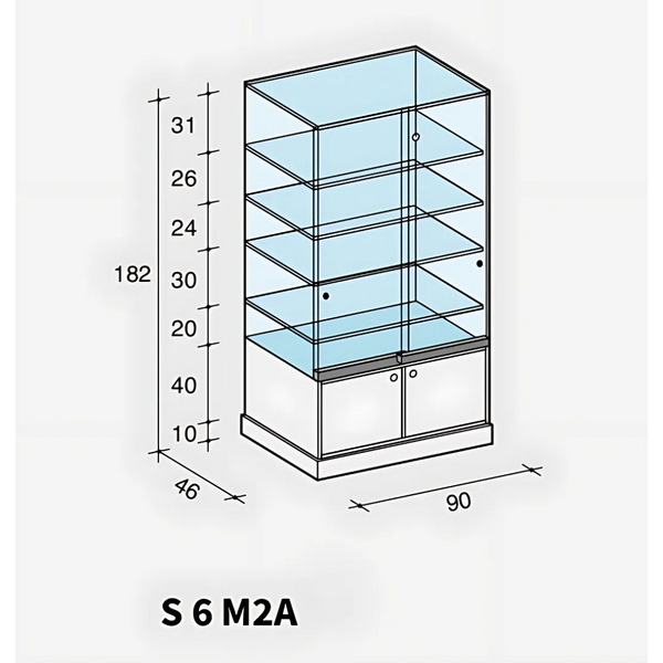 Vitrine haute en verre avec 4 étagères et rangement bas pour exposition magasin