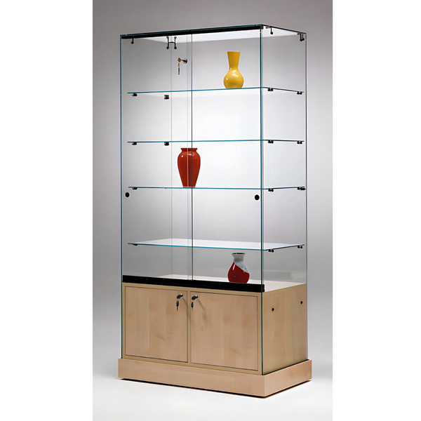 Vitrine haute en verre avec 4 étagères et rangement bas pour exposition magasin