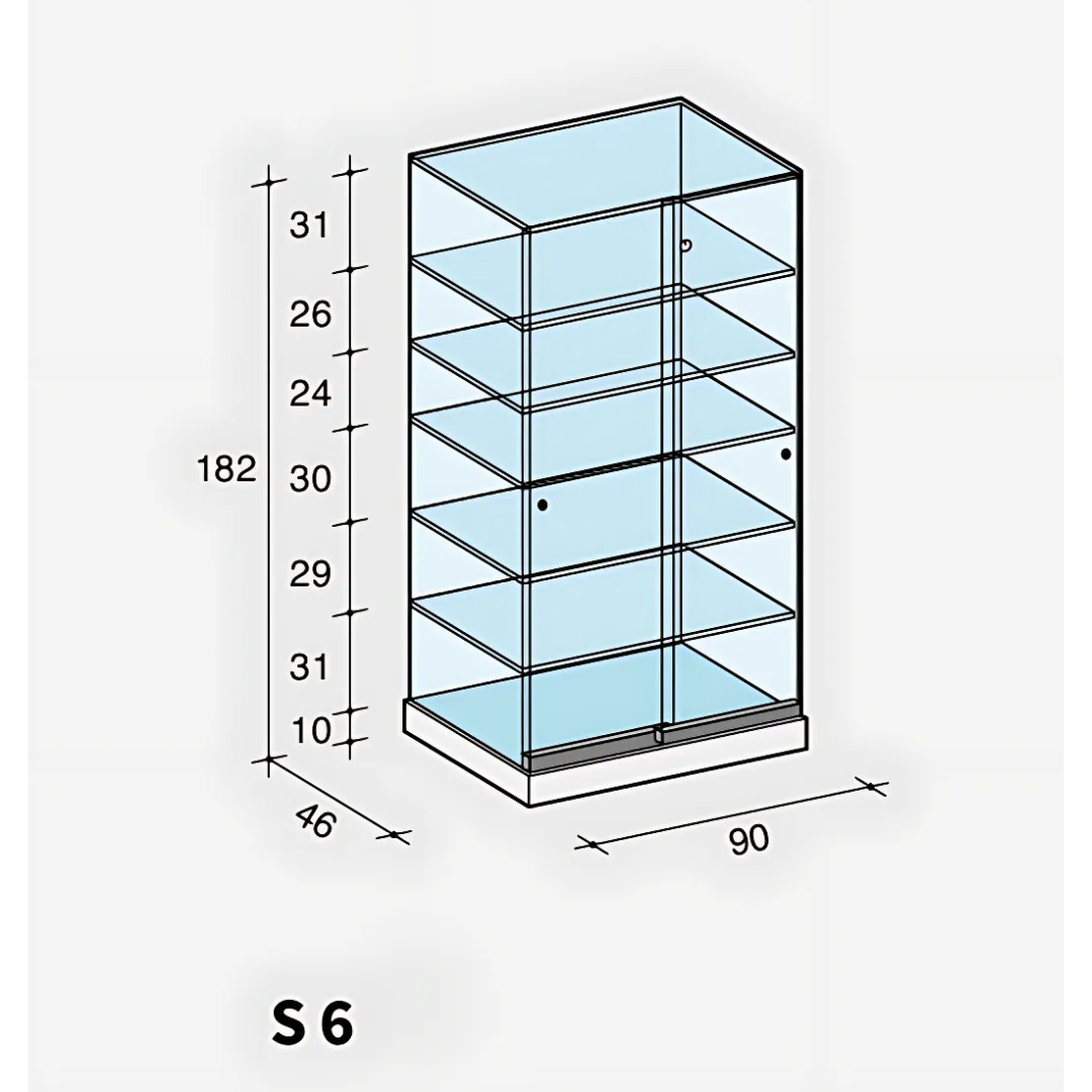 Vitrine en verre haute avec 5 étagères pour exposition de produits en magasin