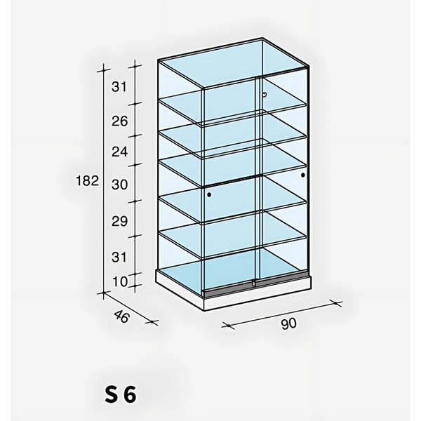 Vitrine en verre haute avec 5 étagères pour exposition de produits en magasin
