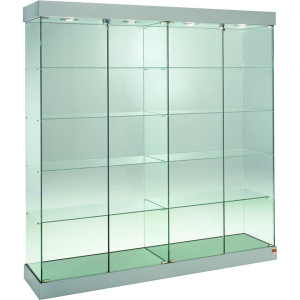 Vitrine colonne en verre avec éclairage LED pour mise en valeur des produits.