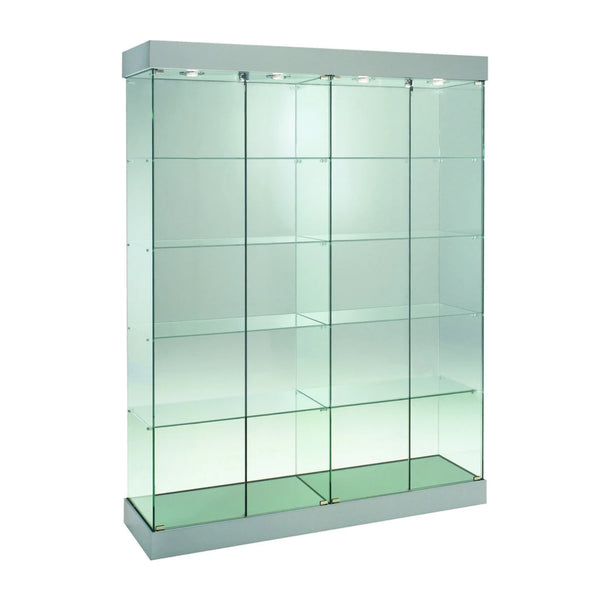 Vitrine colonne en verre  avec éclairage LED pour exposition de produits en commerce et showroom.