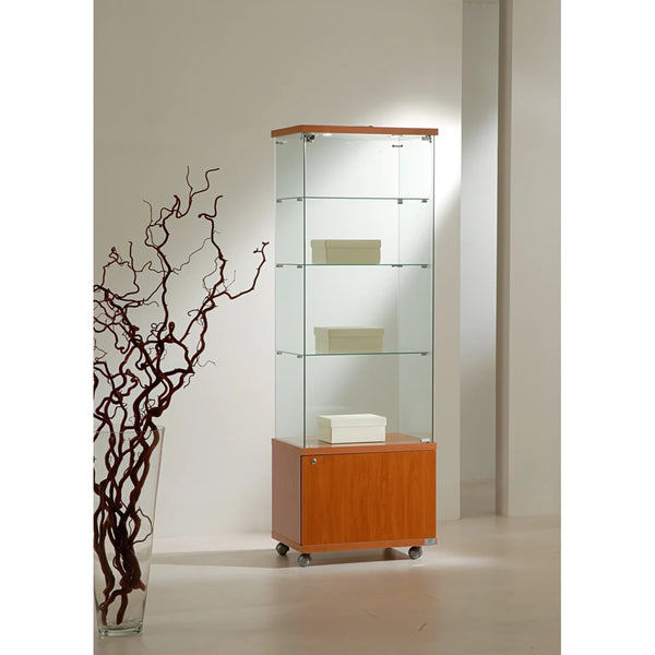 Vitrine en verre avec LED, 3 étagères et box de rangement sur roulettes pour exposition et stockage de produits en magasin.