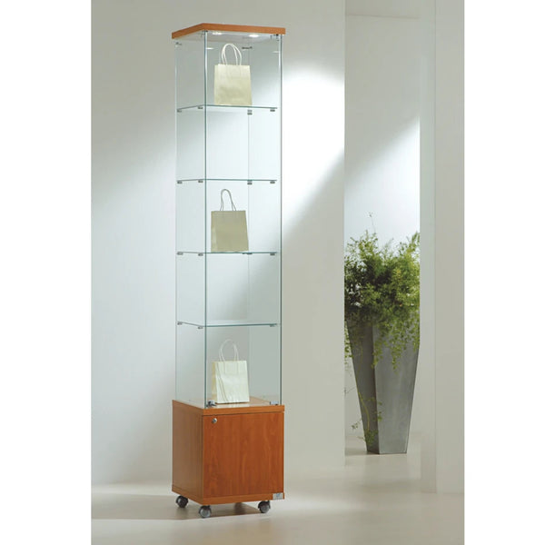 Abschliessbare Glasvitrine mit LED-Beleuchtung und Schlüsselbox auf Rollen – für professionelle Produktpräsentation und Lagerung im Geschäft.