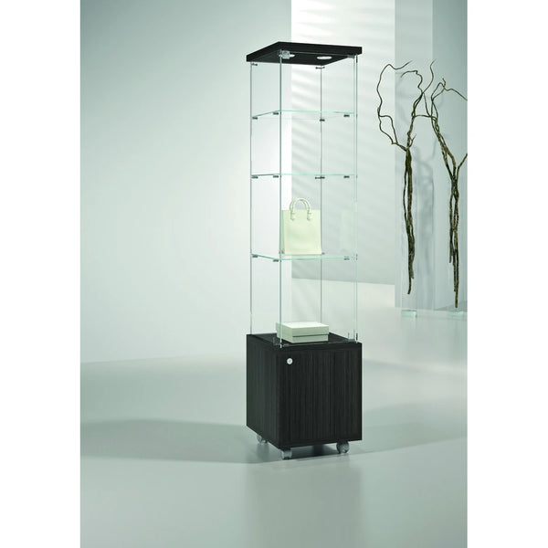 Vitrine en verre avec LED, 3 étagères et box de rangement sur roulettes pour exposition et stockage de produits en magasin.
