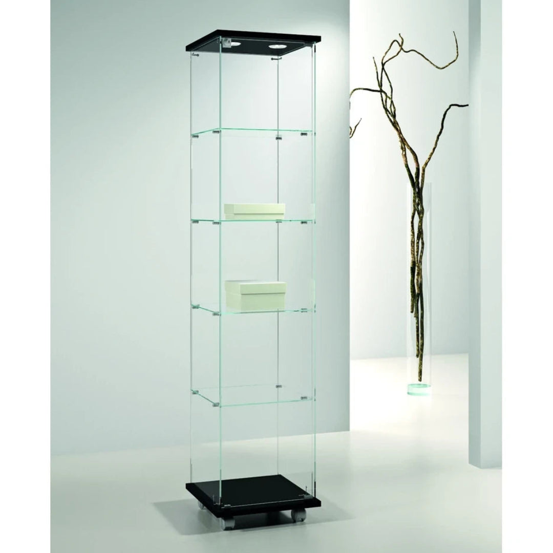 Vitrine en verre noire avec éclairage LED pour présentation de produits en magasin et showroom