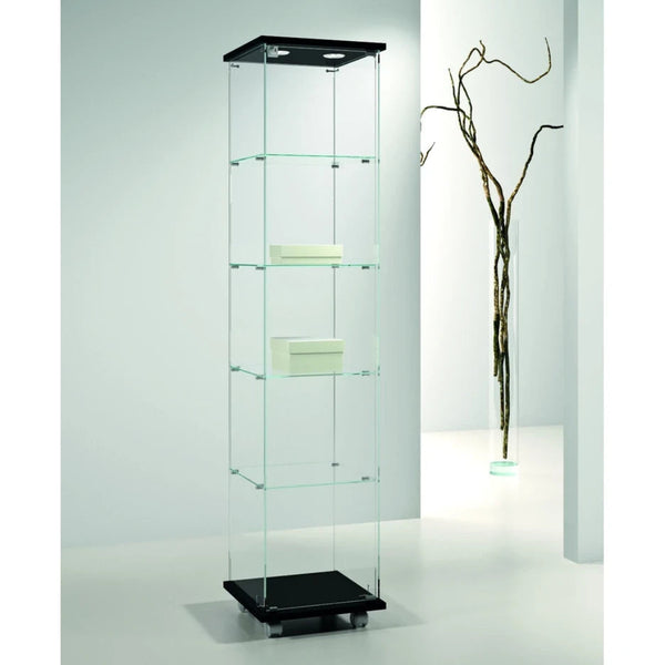 Vitrine en verre noire avec éclairage LED pour présentation de produits en magasin et showroom