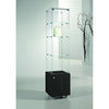 Vitrine en verre, 3 étagères et box de rangement sur roulettes pour exposition et stockage de produits en magasin.