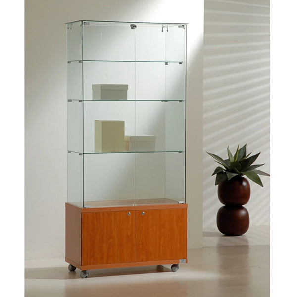 Vitrine en verre, 3 étagères et box de rangement sur roulettes pour exposition et stockage de produits en magasin.