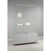 Vitrine en verre, 6 étagères et box de rangement sur roulettes pour exposition et stockage de produits en magasin.