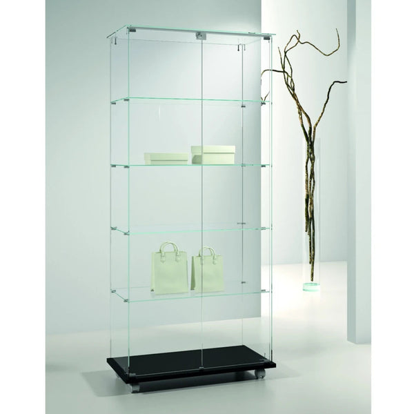 Vitrine d'exposition en verre avec double porte verrouillable et socle noir sur roulette pour boutique