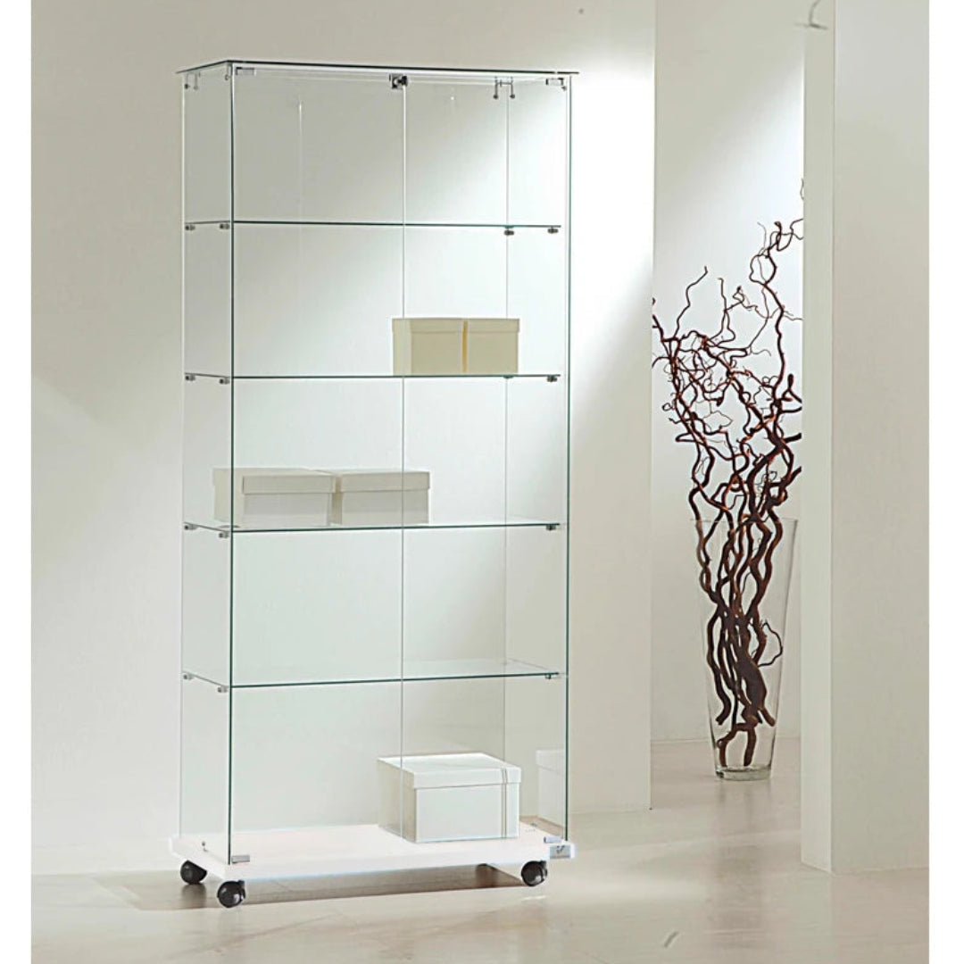 Vitrine d'exposition en verre avec double porte verrouillable et socle noir sur roulette pour boutique