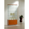 Vitrine en verre avec LED, 3 étagères et box de rangement sur roulettes pour exposition et stockage de produits en magasin.