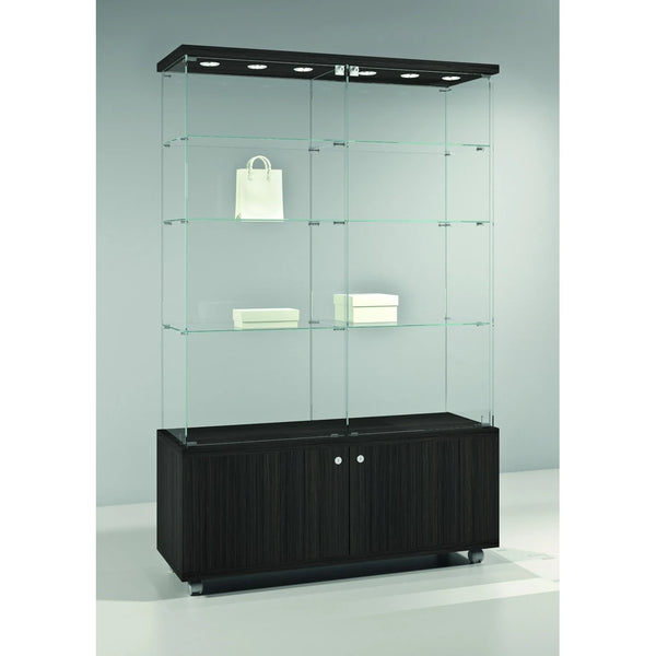 Vitrine en verre avec LED, 6 étagères et box de rangement sur roulettes pour exposition et stockage de produits en magasin.