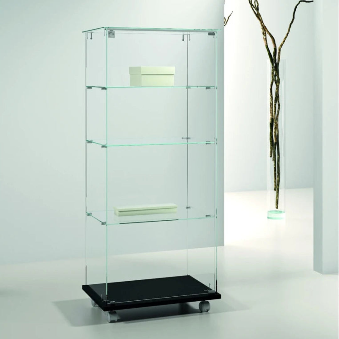 Vitrine verre noire 3 étagères, porte verrouillable pour exposition de produits en magasin.