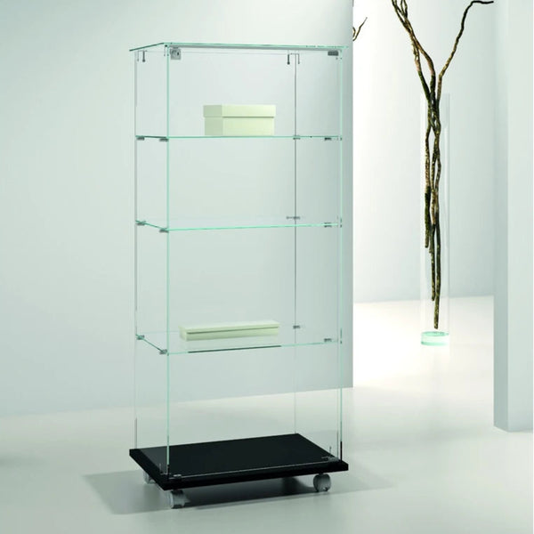 Vitrine verre noire 3 étagères, porte verrouillable pour exposition de produits en magasin.