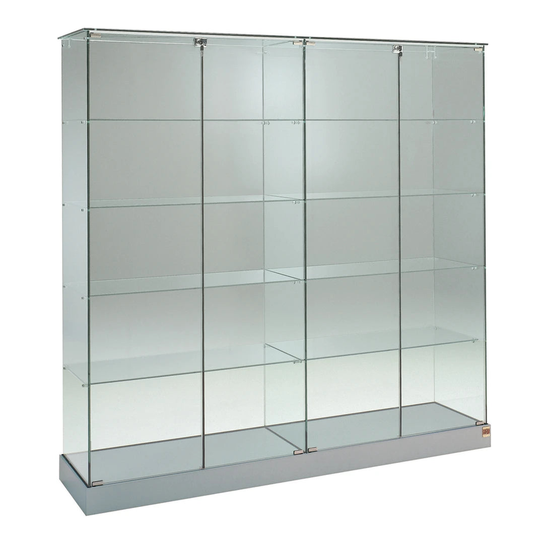 Vitrine colonne en verre pour exposition de produits et objets précieux.
